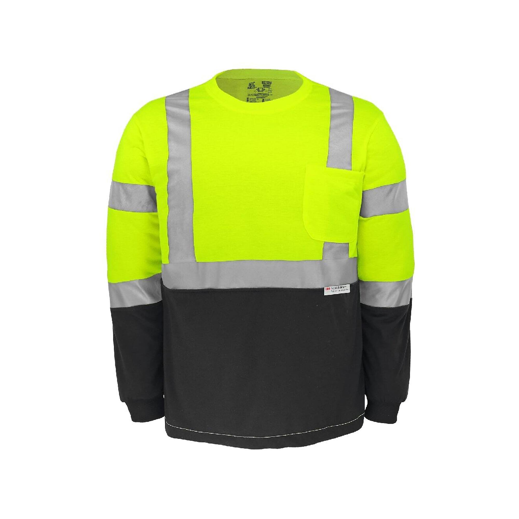 FrogWear HV Ylw/Grn, Class 3, Self-Wick,1 Pocket, Long-Sleeve Shirt